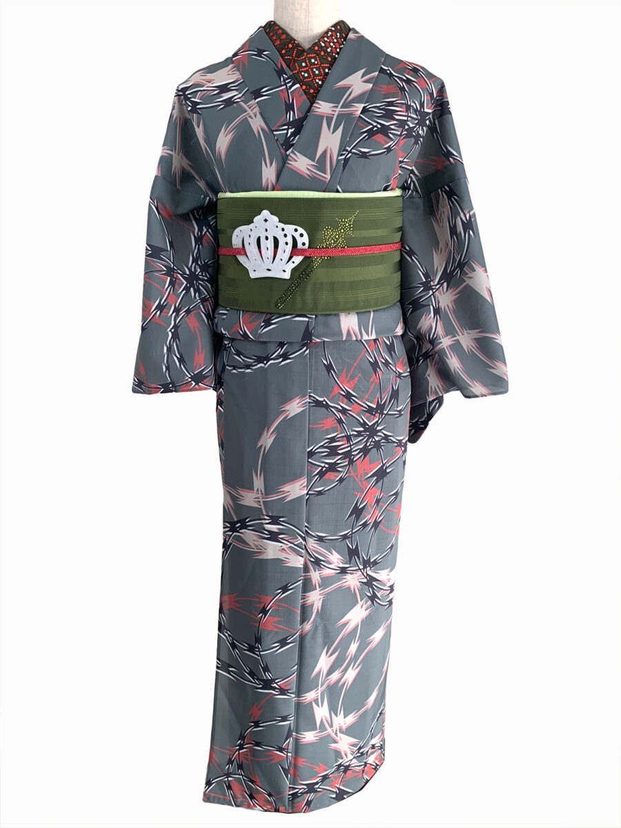 【即納品】セオα単衣片面プリントキモノ/鉄条網カーキＳサイズ - [玉のり]TAMANORI online shopping.