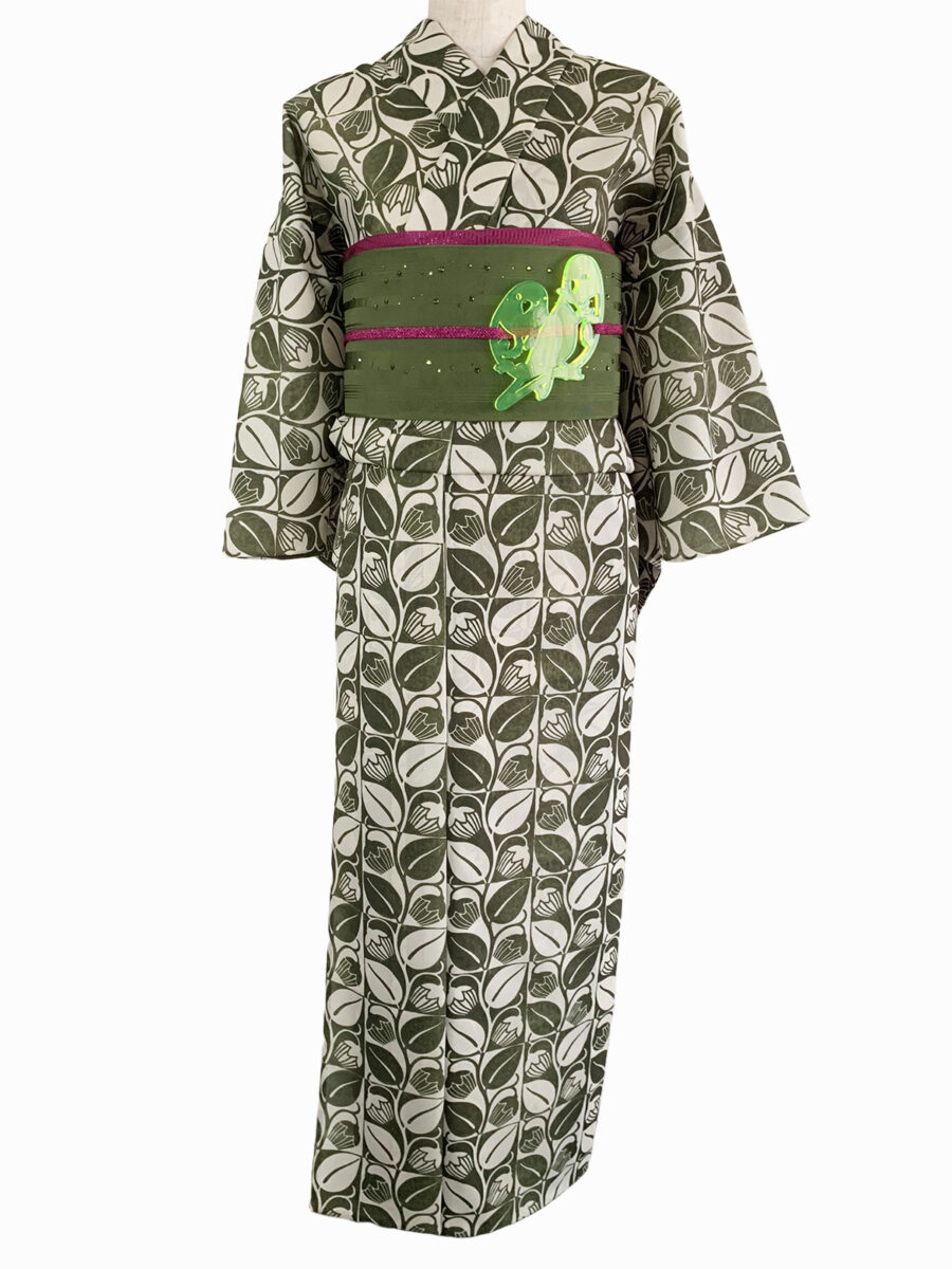 【受注製作】セオα単衣片面プリントキモノ/レトロ花オリーブＭサイズ - [玉のり]TAMANORI online shopping.